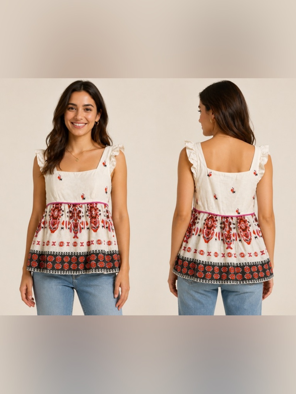 Kate Spade Linen Sleeveless Ruffle Strap Peplum Boho Tribal‎ Medallion Print XS